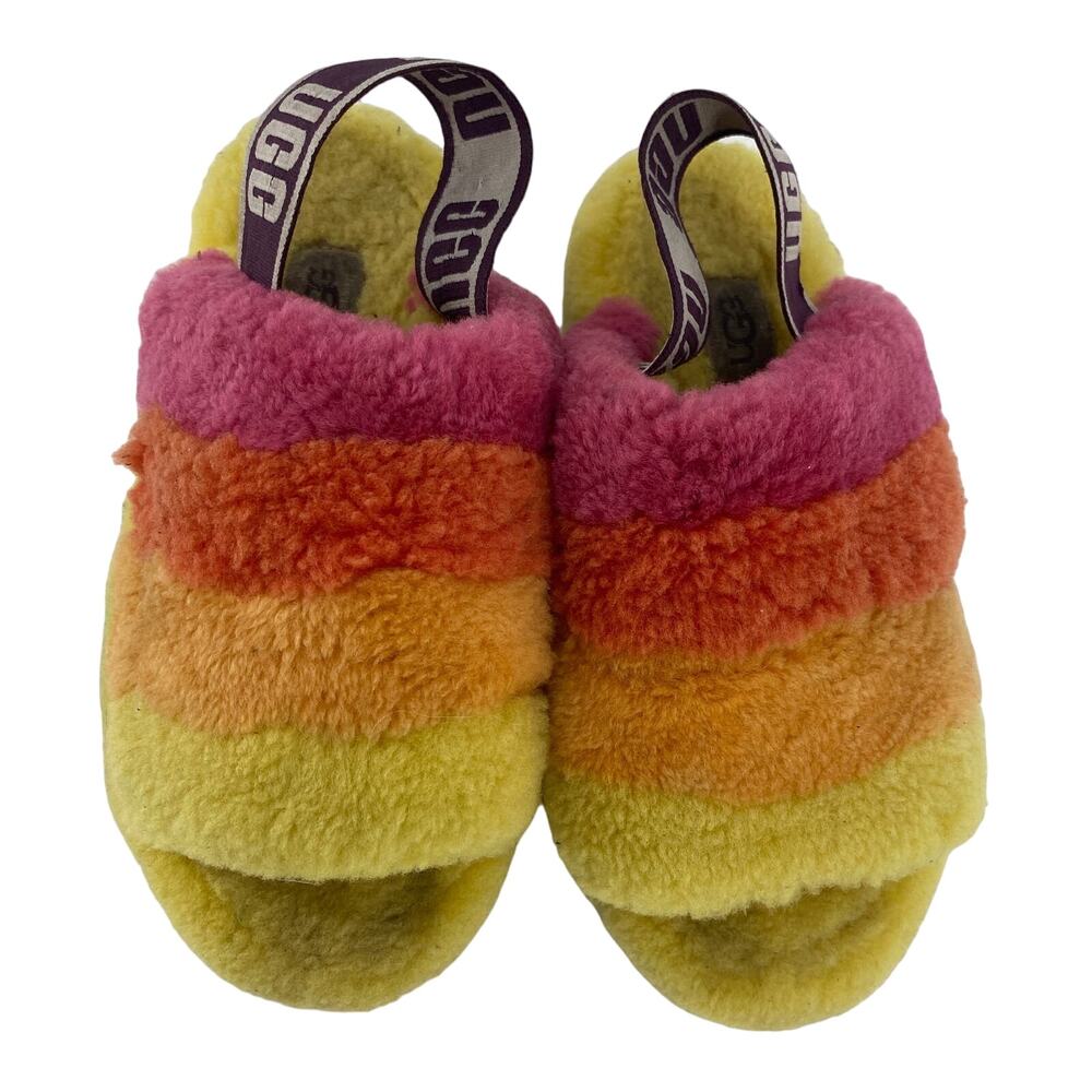 UGG WOMEN 5 FLUFF YEAH SLIDE PRIDE RAINBOW YELLOW SHEEPSKIN SLIPPERS SANDAL - Picture 2 of 6